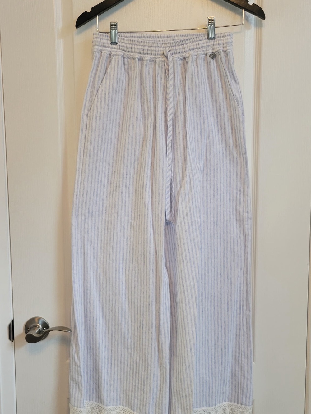 Light Blue Stripe Women’s Lounge Pants with Drawstring and Lace Trim